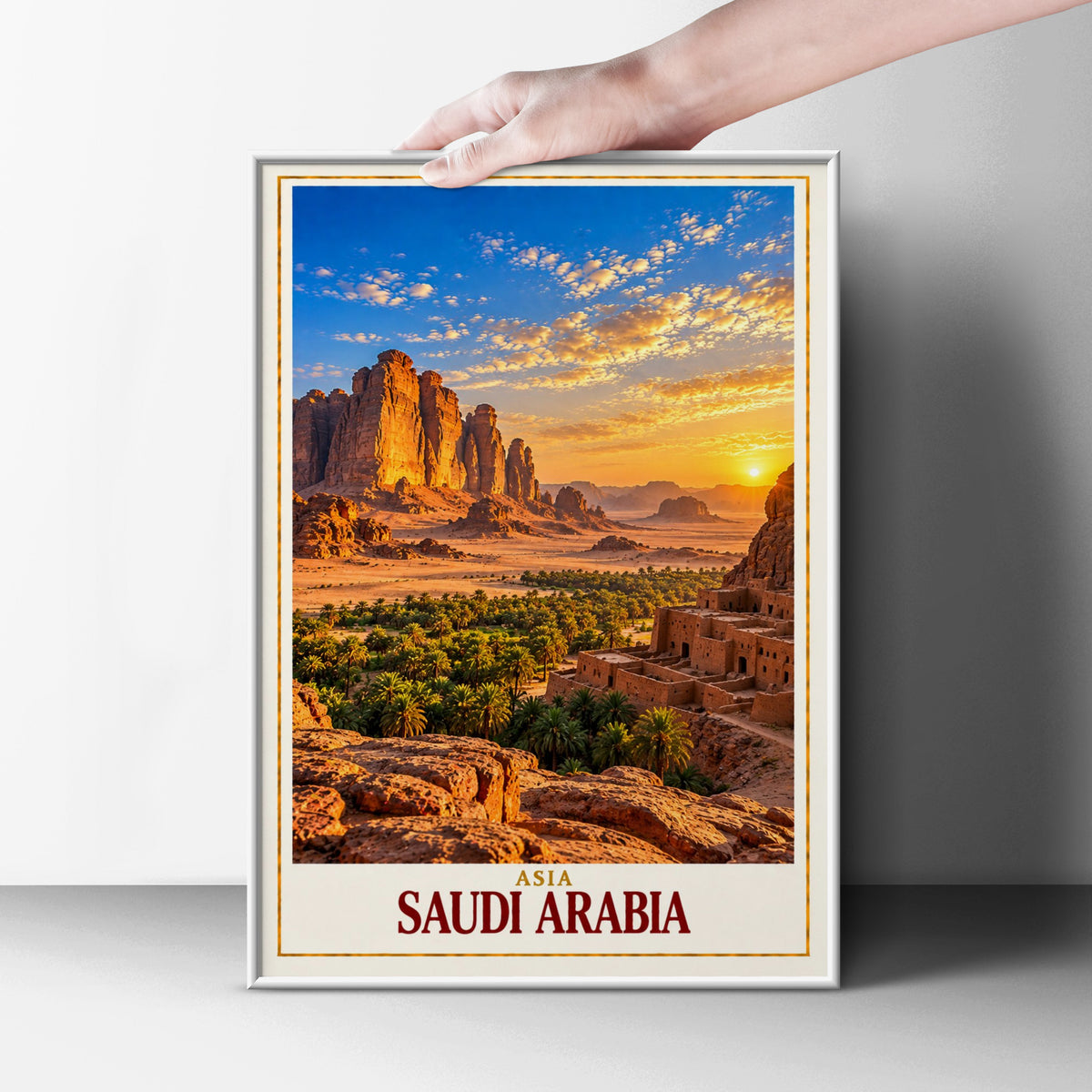 Saudi Arabia Travel Poster, AlUla Desert Landscape Wall Art, Middle East Sunset Print, Arabian Rock Formation, Ancient Ruins Home Decor