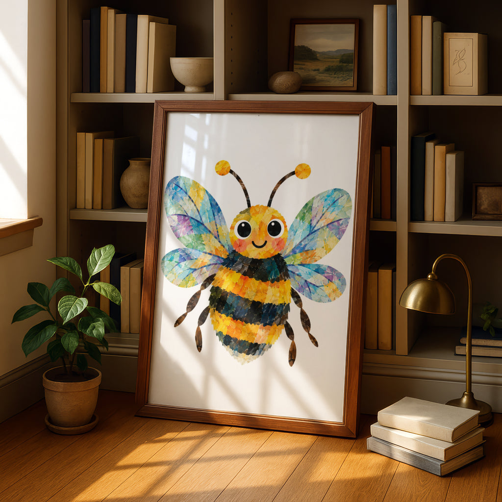 Cute Bumblebee Poster, Colourful Bee Wall Art for Kids, Nursery Decor, Children's Room Print, Yellow Blue Bee Art, Playful Animal Poster