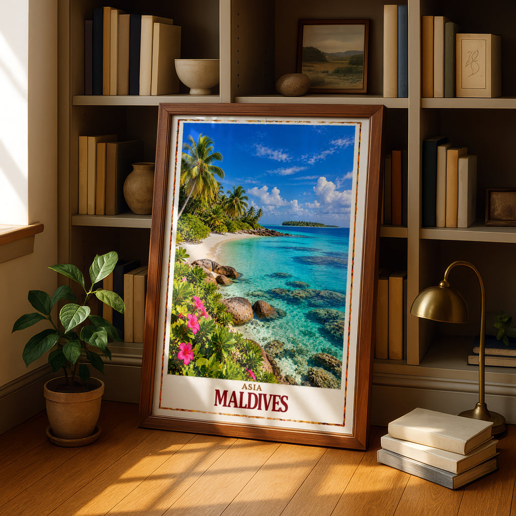 Maldives Travel Poster, Tropical Island Beach Print, Turquoise Ocean Wall Art, Palm Tree Paradise, Asian Holiday Gift, Coastal Home Decor