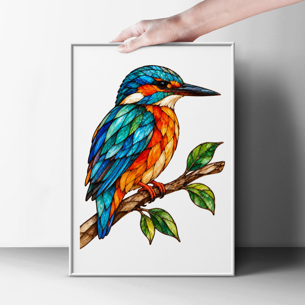 Stained Glass Kingfisher Poster, Colourful Bird Wall Art, Teal Orange Nature Print, Wildlife Decor, Bird Lover Gift, Botanical Branch Art