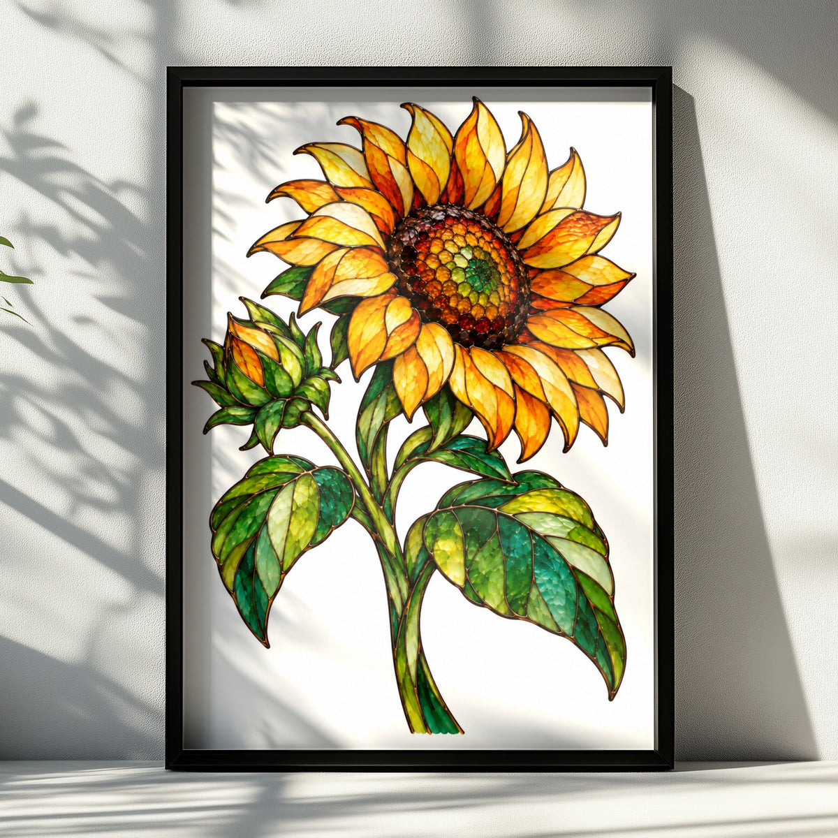Stained Glass Sunflower Poster, Botanical Floral Wall Art, Yellow Orange Green Home Decor, Kitchen Living Room Print, Nature Flower Artwork