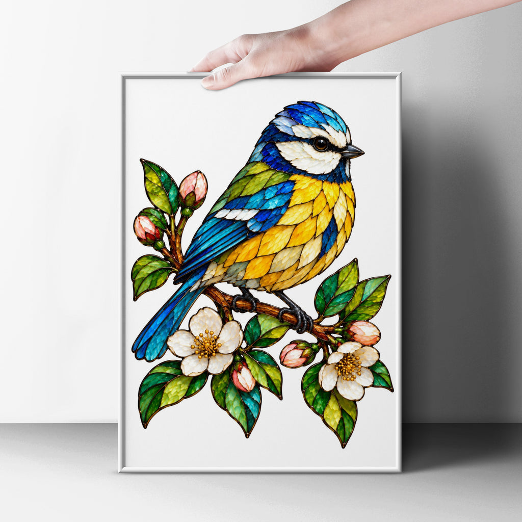 Blue Tit Stained Glass Style Poster, Botanical Bird Wall Art, Colourful Blue Yellow Garden Bird Print, Spring Blossom Nature Poster