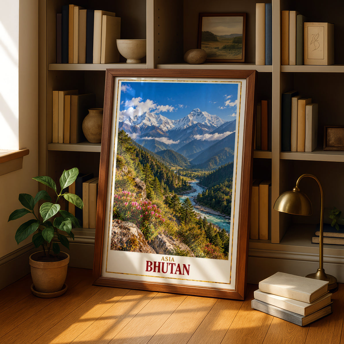 Bhutan Travel Poster, Himalayan Mountain Valley Wall Art, Asia Landscape Print, Turquoise River, Rhododendron, Adventure Home Decor Gift