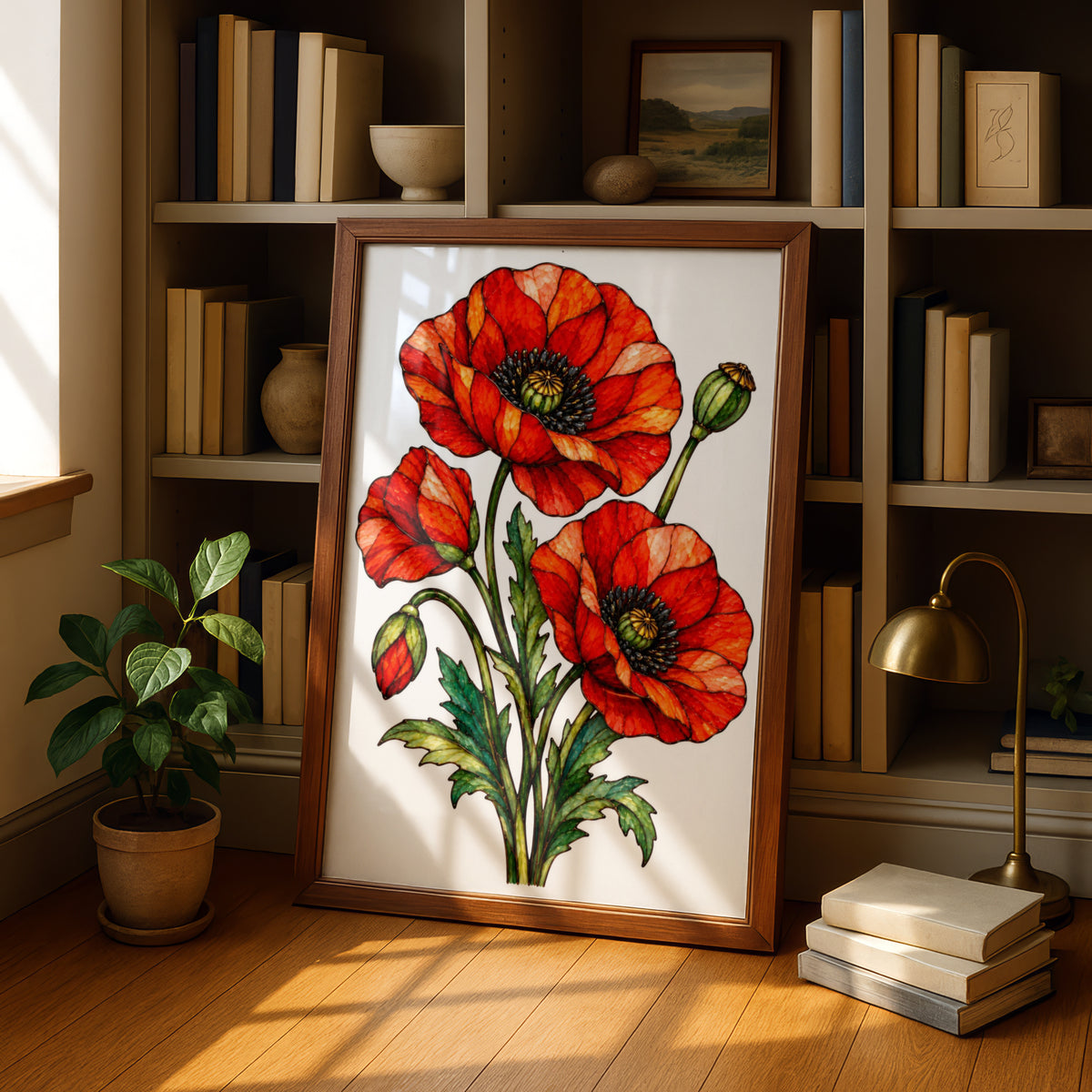 Red Poppy Flower Poster, Stained Glass Style Botanical Wall Art, Floral Print, Remembrance Poppy Home Decor, Living Room Art Gift