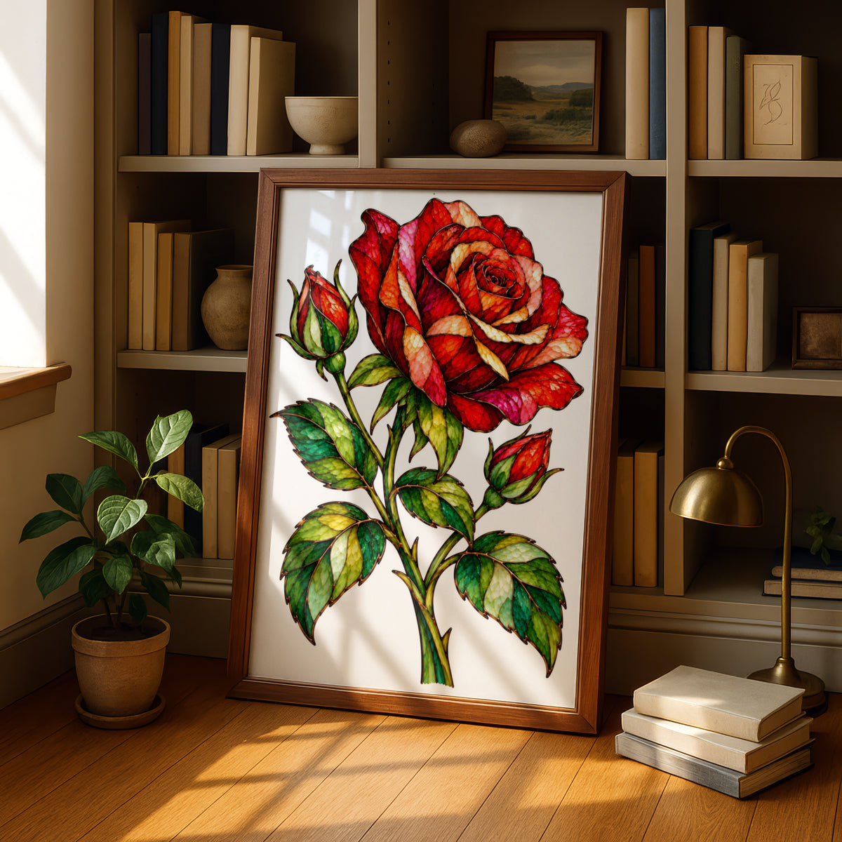 Stained Glass Red Rose Poster, Botanical Floral Wall Art, Rose Bud Print, Living Room Bedroom Decor, Vibrant Flower Illustration Poster