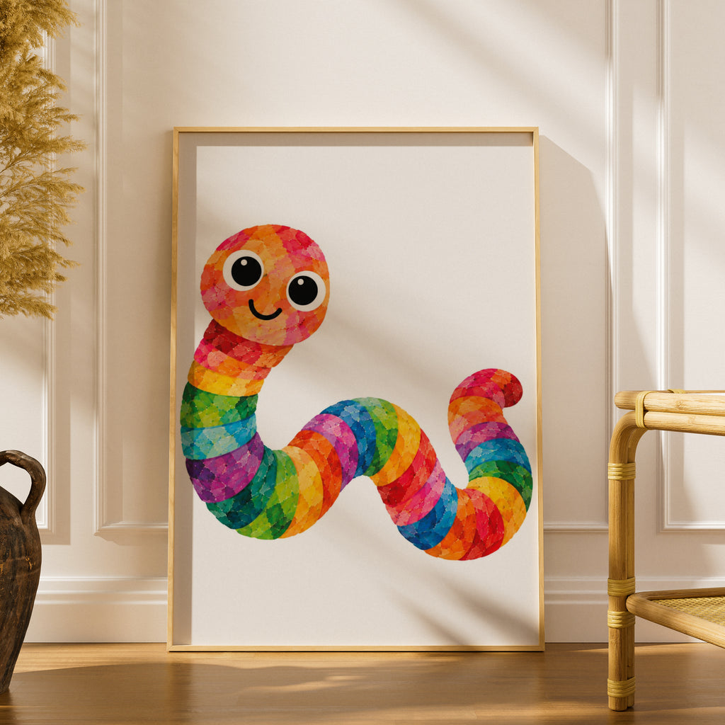 Rainbow Worm Poster, Colourful Cute Worm Wall Art, Kids Bedroom Print, Bright Nursery Decor, Fun Children's Animal Poster, Playroom Art