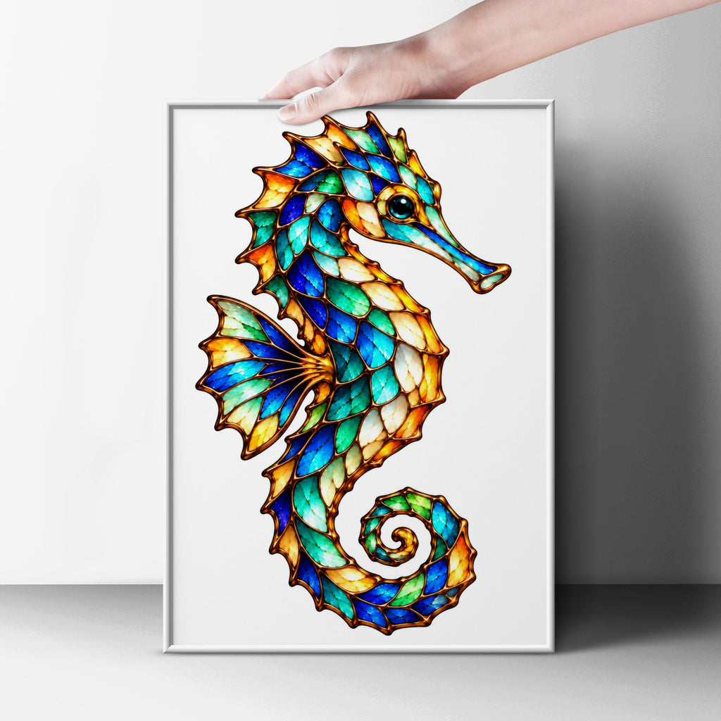 Stained Glass Seahorse Poster, Colourful Ocean Wall Art, Teal Blue Gold Sea Life Print, Coastal Bathroom Decor, Marine Wildlife Gift