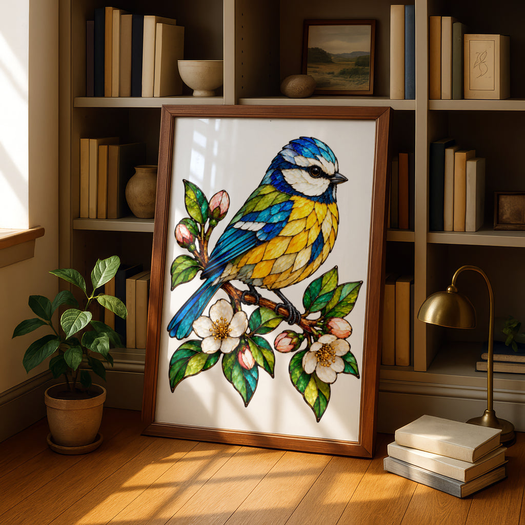 Blue Tit Stained Glass Style Poster, Botanical Bird Wall Art, Colourful Blue Yellow Garden Bird Print, Spring Blossom Nature Poster