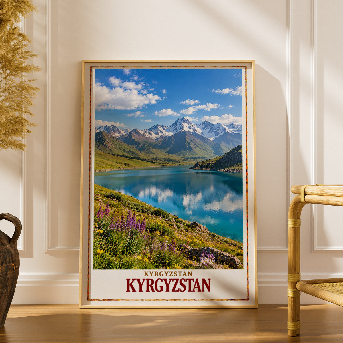Kyrgyzstan Travel Poster, Central Asia Mountain Lake Wall Art, Tian Shan Snow Peaks Print, Alpine Wildflowers, Adventure Travel Gift