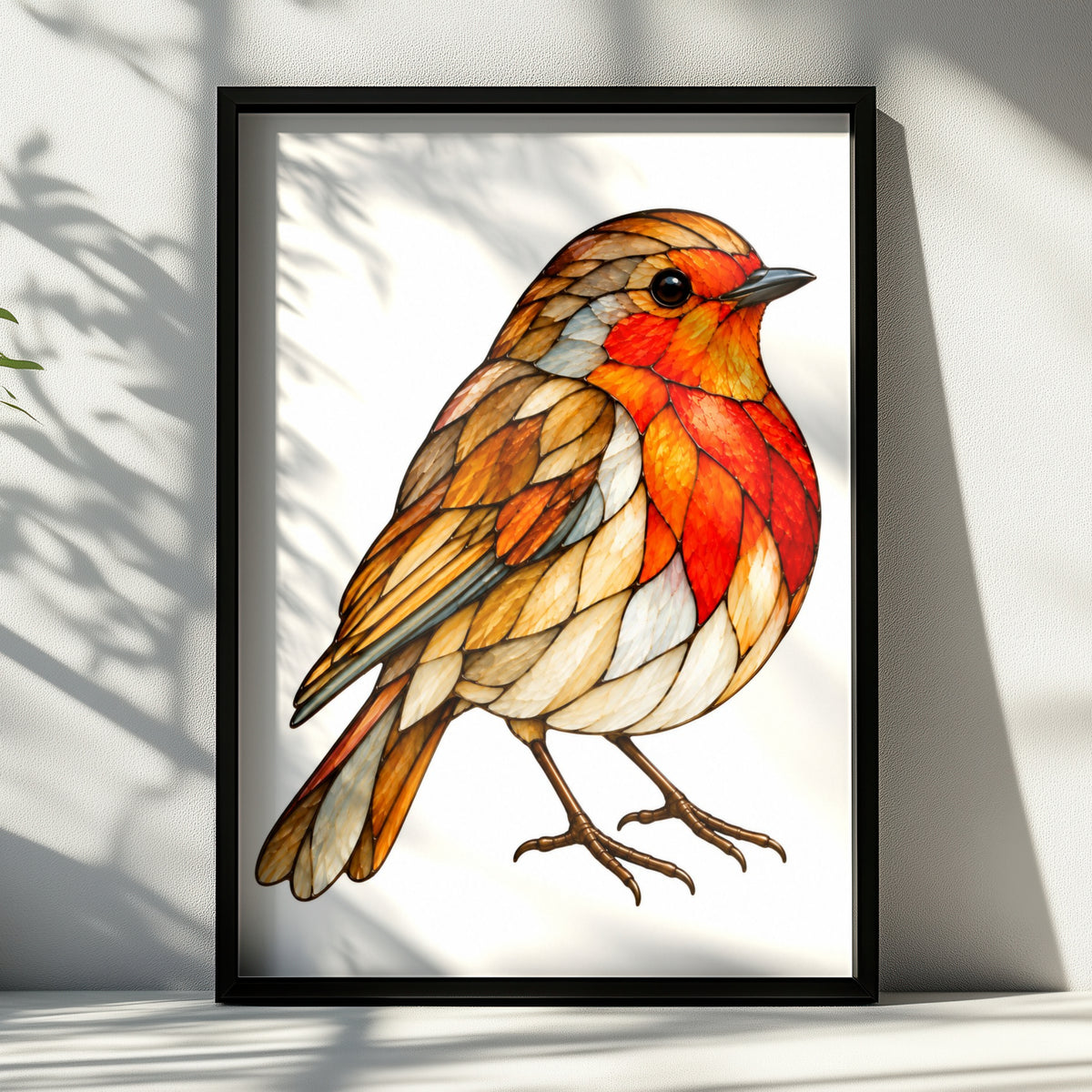 Stained Glass Robin Poster, British Robin Redbreast Wall Art, Orange Red Bird Print, Nature Wildlife Decor, Garden Bird Art Gift