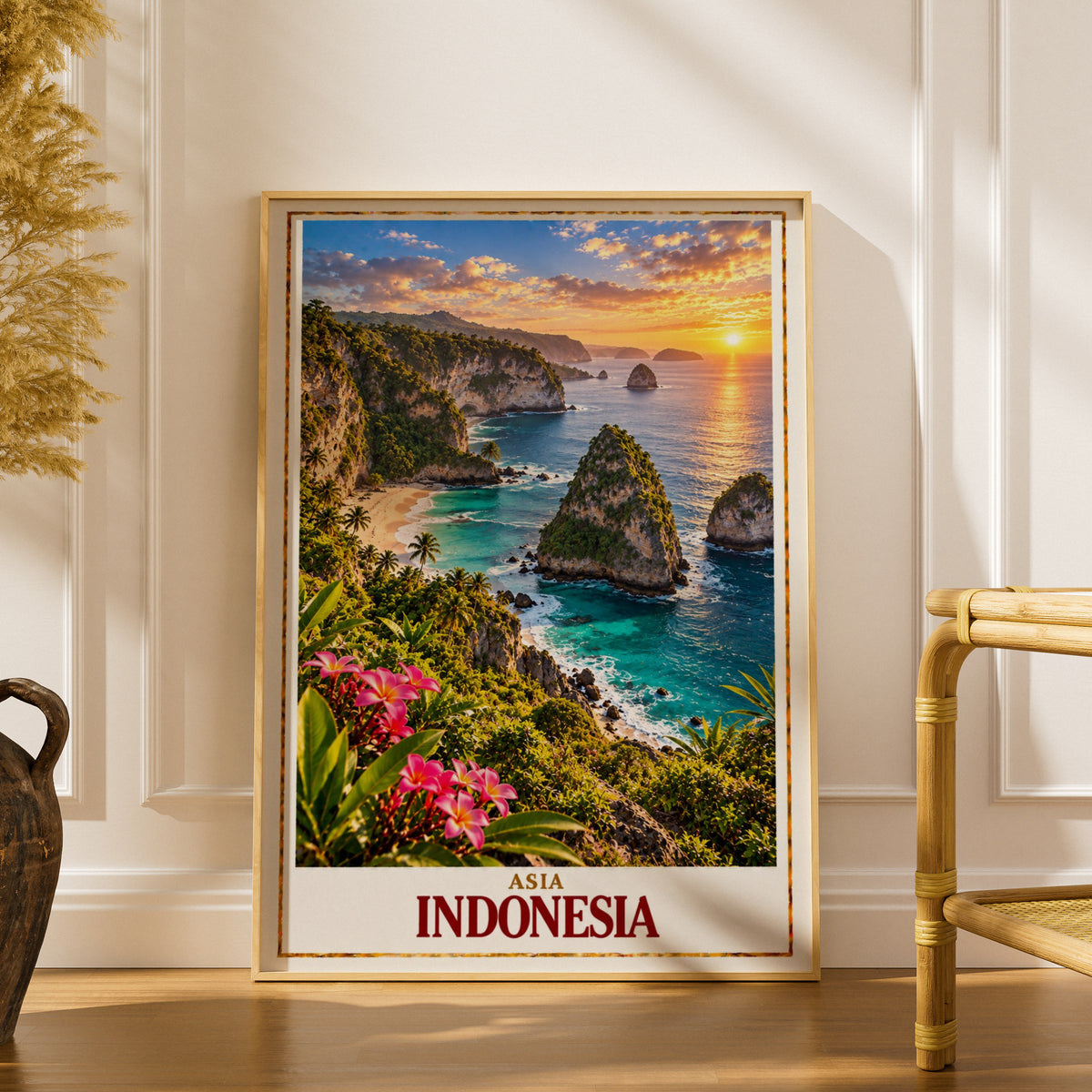 Indonesia Travel Poster, Tropical Island Sunset Wall Art, Bali Coastal Cliff Print, Turquoise Ocean Beach, Asia Travel Decor, Holiday Gift