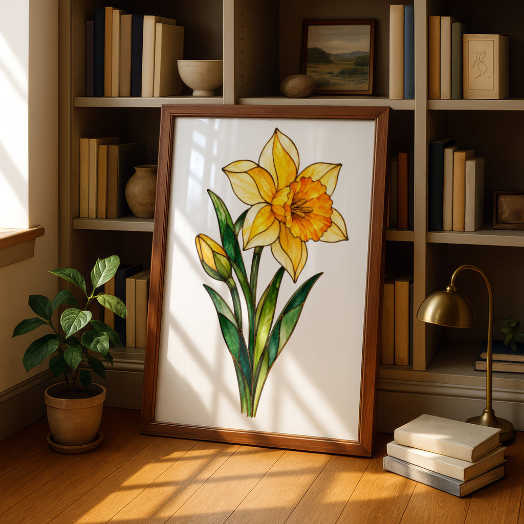 Daffodil Stained Glass Style Poster, Yellow Narcissus Flower Art Print, Spring Botanical Wall Art, Floral Home Decor, Living Room Print