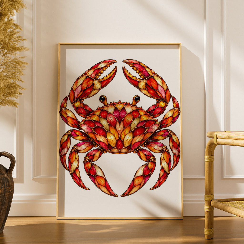 Stained Glass Crab Poster, Red Orange Gold Crab Wall Art, Coastal Wildlife Print, Cancer Zodiac Decor, Nautical Animal Art Poster