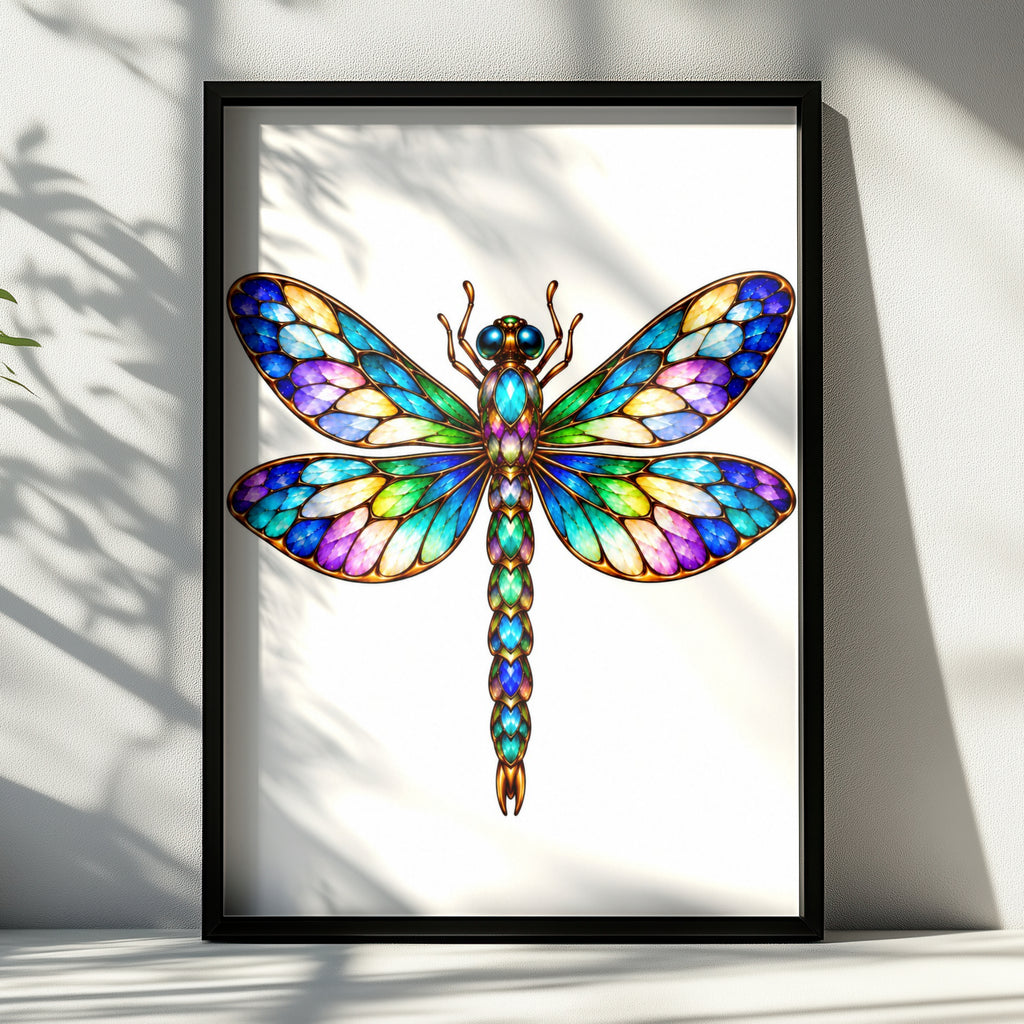 Stained Glass Dragonfly Poster, Colourful Jewelled Insect Wall Art, Rainbow Wings Art Nouveau Print, Boho Nature Bedroom Decor Gift