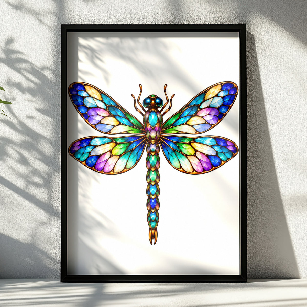 Stained Glass Dragonfly Poster, Colourful Jewelled Insect Wall Art, Rainbow Wings Art Nouveau Print, Boho Nature Bedroom Decor Gift