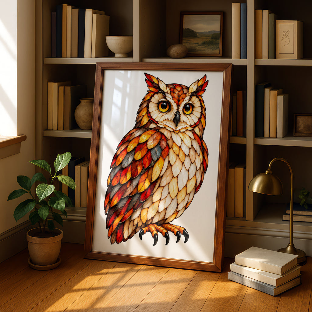 Stained Glass Owl Poster, Colourful Bird Wall Art, Orange Red Autumn Owl Print, Wildlife Decor, Bold Feather Art for Living Room or Study