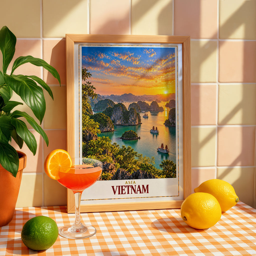 Vietnam Travel Poster, Ha Long Bay Sunset Print, Junk Boat Wall Art, Teal Water Karst Landscape, Southeast Asia Home Decor, Retro Style