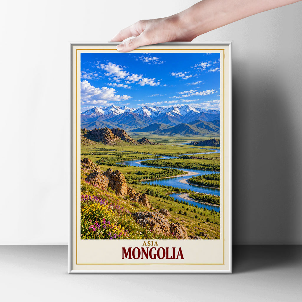 Mongolia Travel Poster, Mongolian Steppe Landscape Wall Art, Asia Mountain River Print, Green Valley Scenic Nature Poster, Adventure Decor