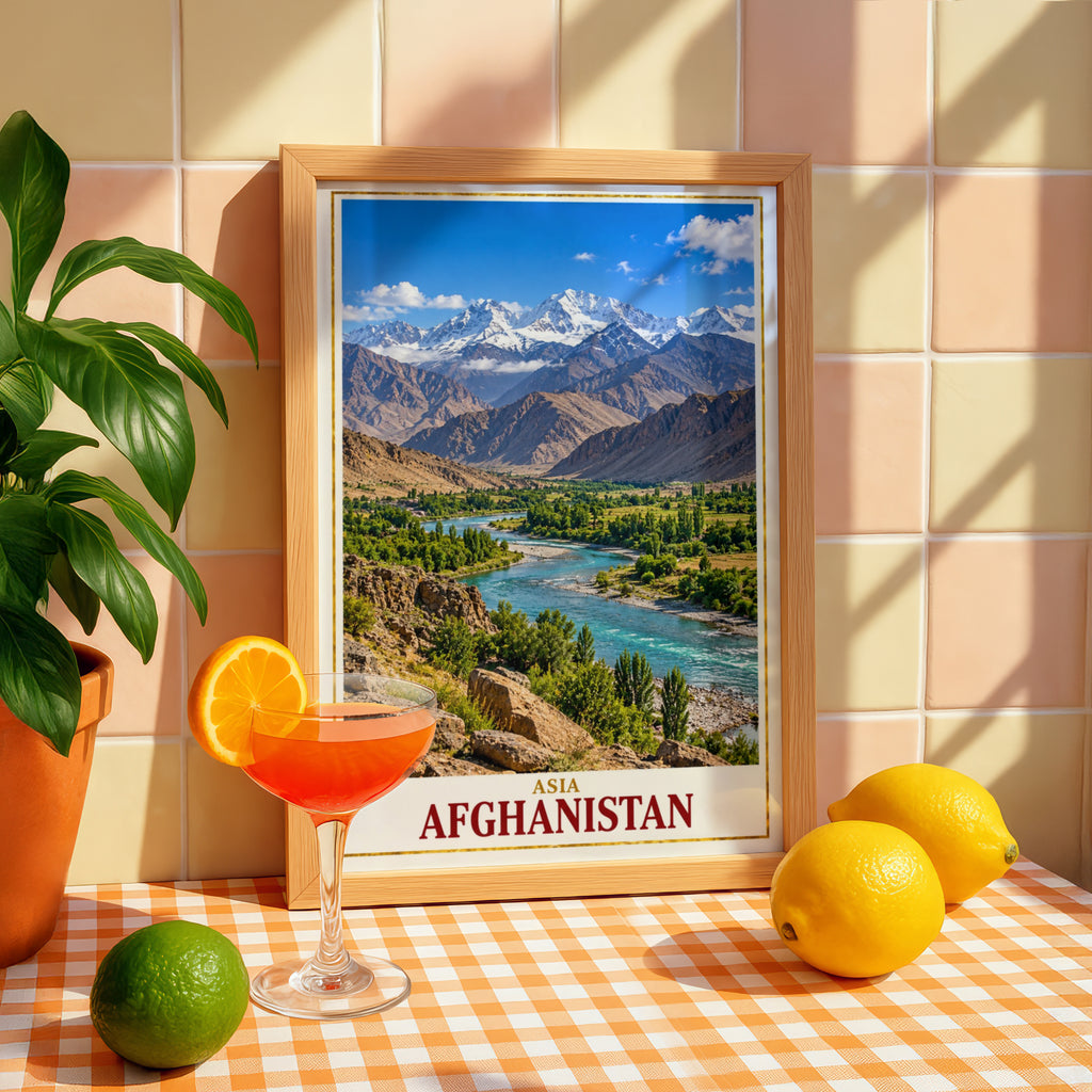 Afghanistan Travel Poster, Hindu Kush Mountain River Valley Wall Art, Central Asia Landscape Print, Adventure Home Decor, Living Room Art