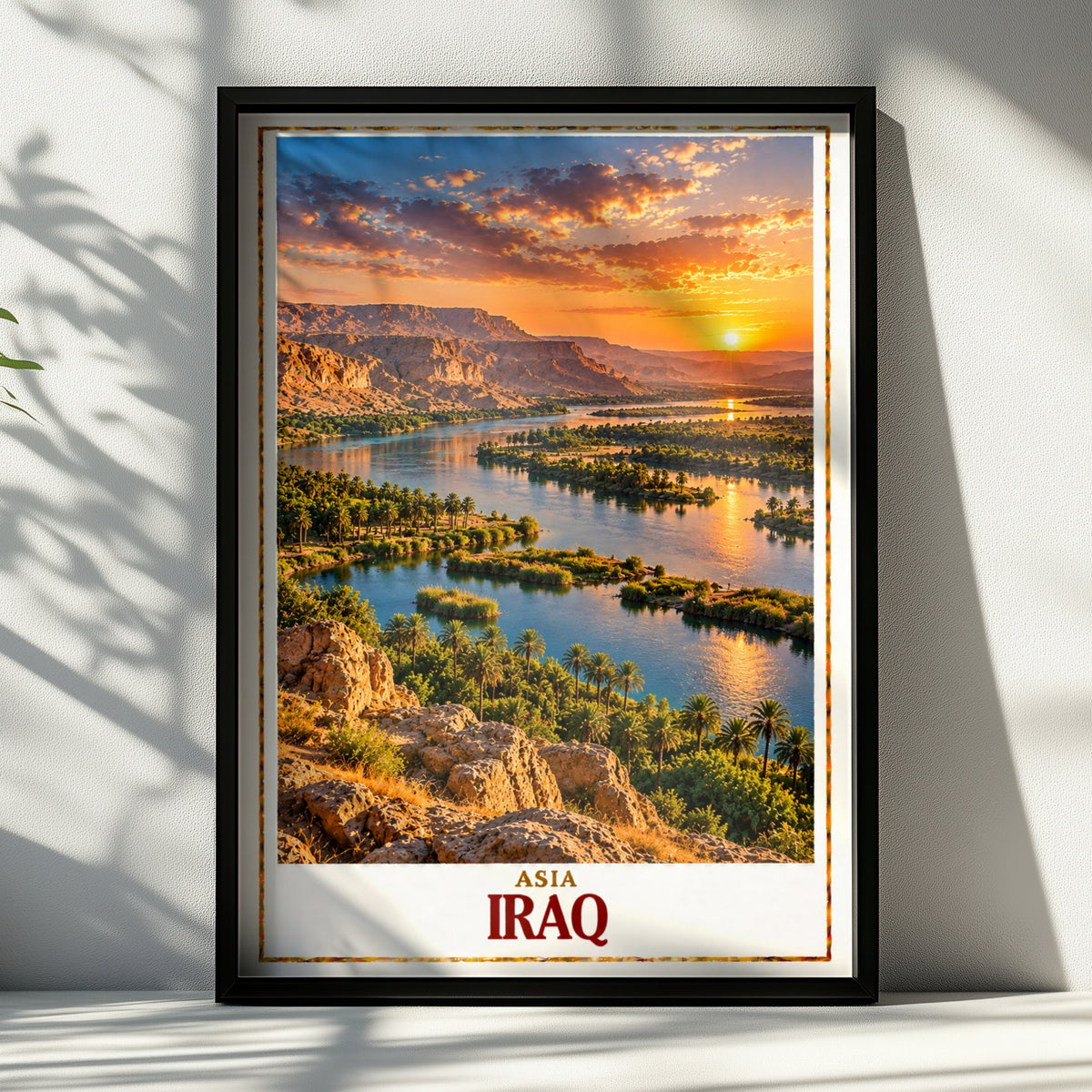 Iraq Travel Poster, Mesopotamia River Sunset Wall Art, Middle East Landscape Print, Palm Trees Desert Scenery, Iraqi Home Decor Gift