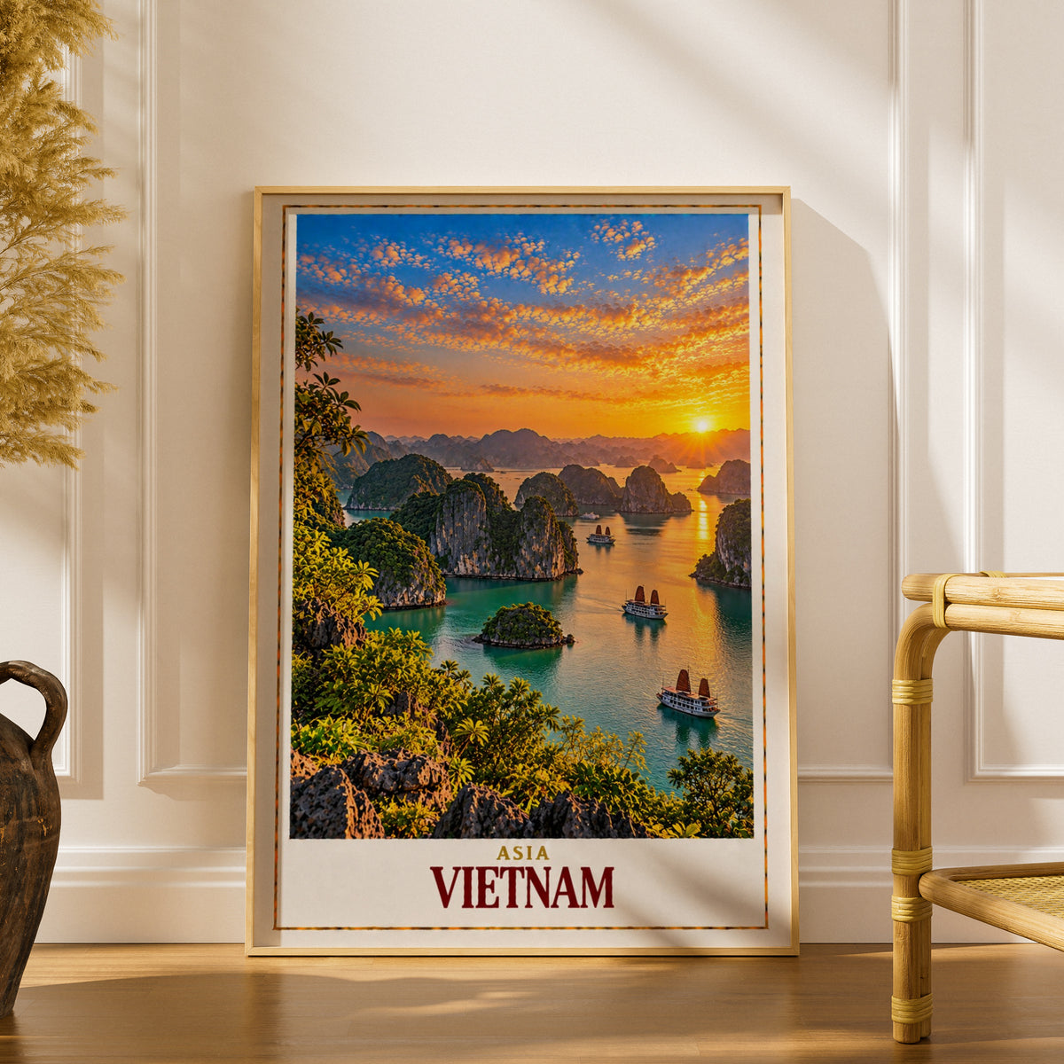 Vietnam Travel Poster, Ha Long Bay Sunset Print, Junk Boat Wall Art, Teal Water Karst Landscape, Asian Travel Gift, Living Room Decor