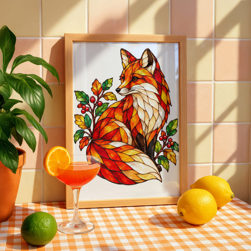 Stained Glass Fox Poster, Autumn Wildlife Wall Art, Red Orange Fox Print, Botanical Berry Decor, Nature Lover Gift, Living Room Art Poster