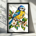 Blue Tit Stained Glass Style Poster, Botanical Bird Wall Art, Colourful Blue Yellow Garden Bird Print, Spring Blossom Nature Poster