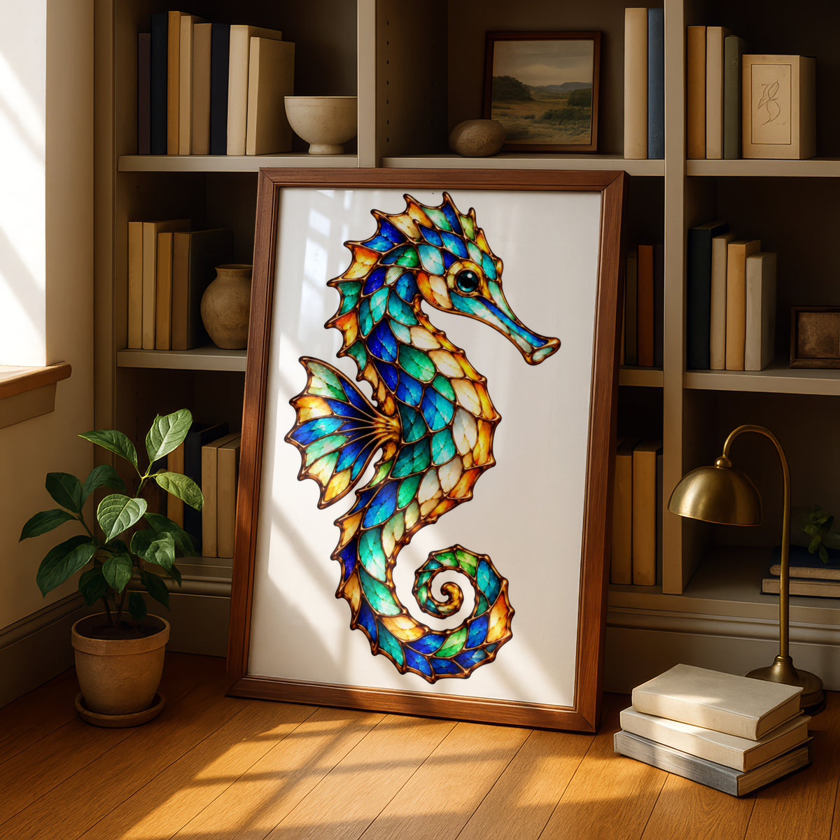 Stained Glass Seahorse Poster, Colourful Ocean Wall Art, Teal Blue Gold Sea Life Print, Coastal Bathroom Decor, Marine Wildlife Gift