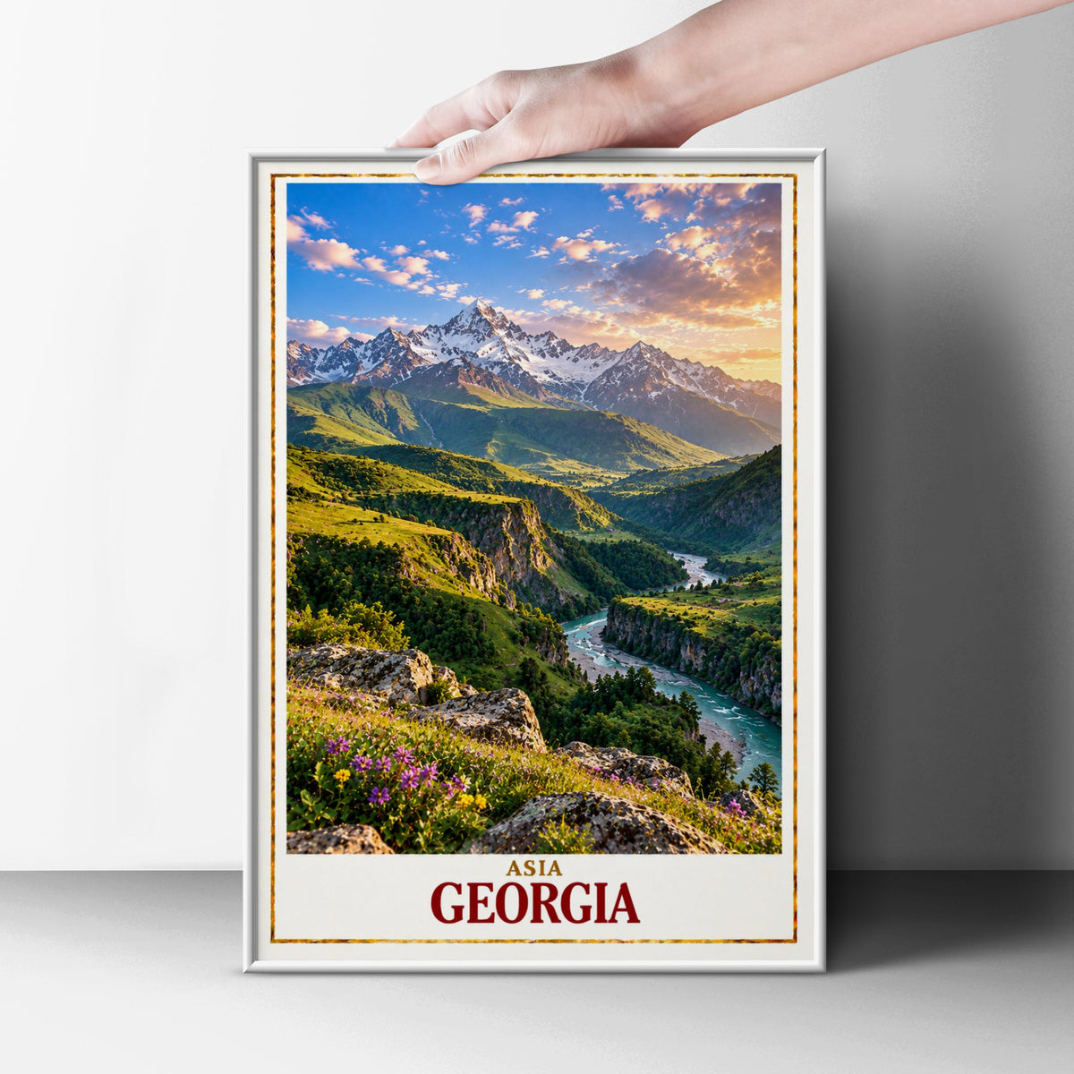 Georgia Travel Poster, Caucasus Mountain Wall Art, Scenic River Valley Print, Georgian Landscape, Adventure Home Decor, Wanderlust Gift