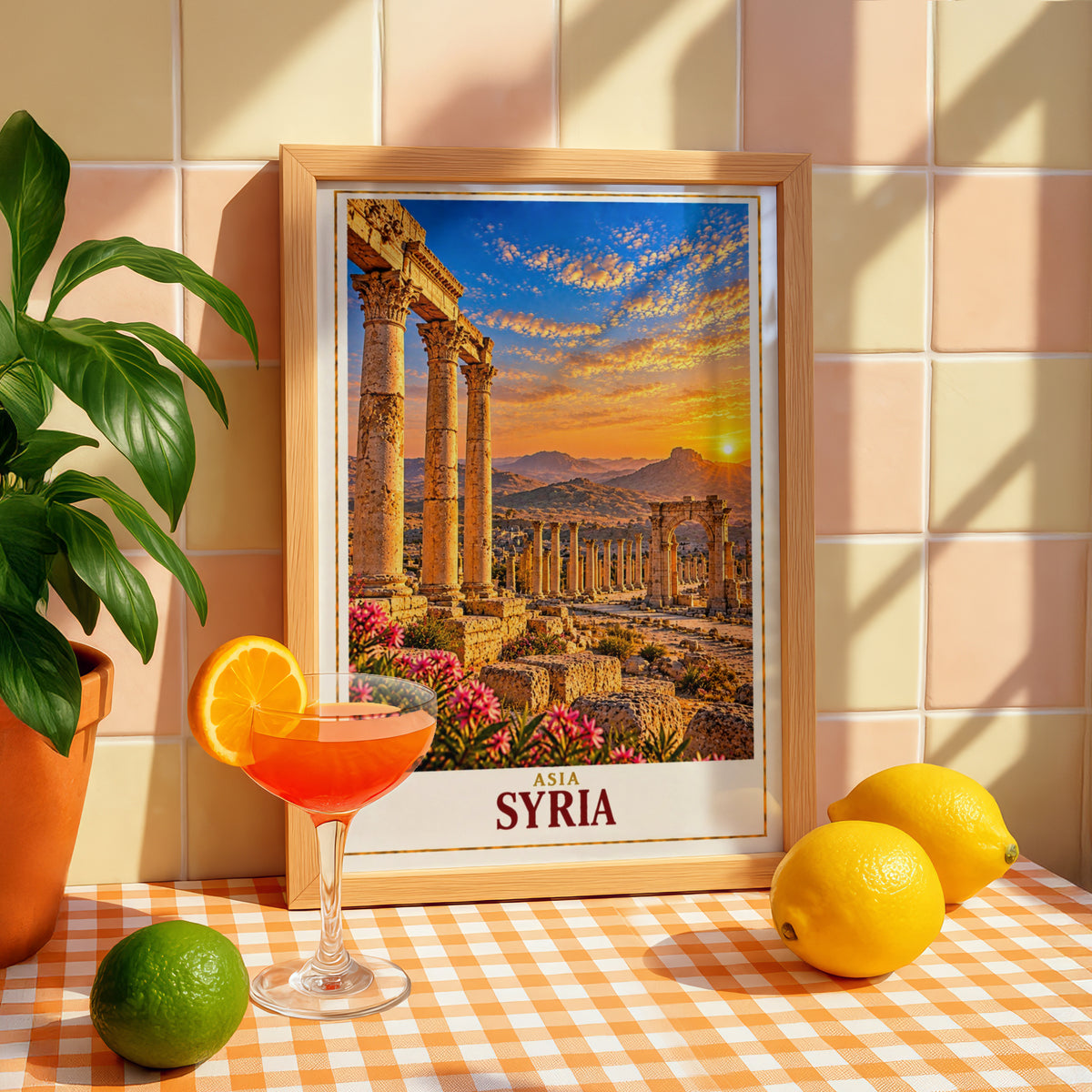 Syria Travel Poster, Palmyra Roman Ruins Wall Art, Ancient Columns Sunset Print, Middle East Archaeological Site, Historical Decor Gift