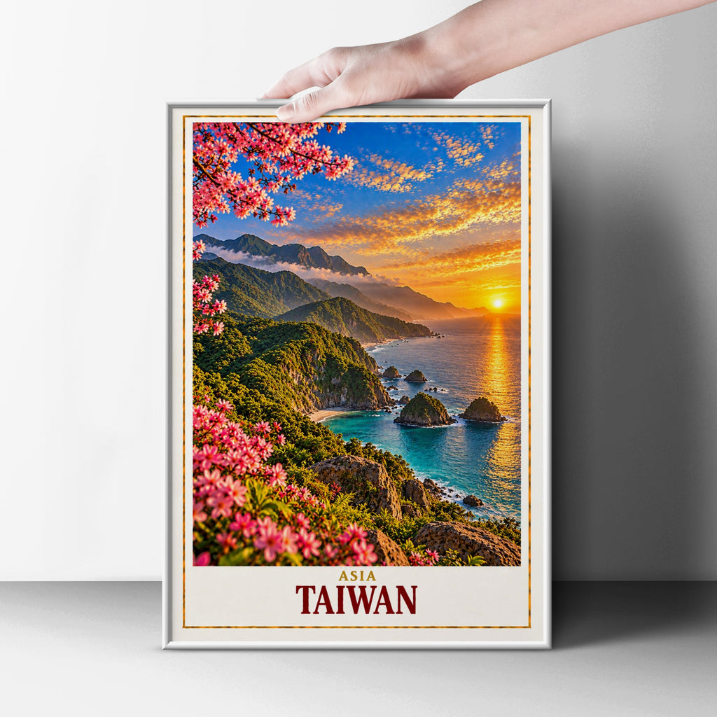 Taiwan Travel Poster, Asia Coastal Sunset Wall Art, Cherry Blossom Mountain Landscape Print, Turquoise Sea Cliffs Home Decor Gift