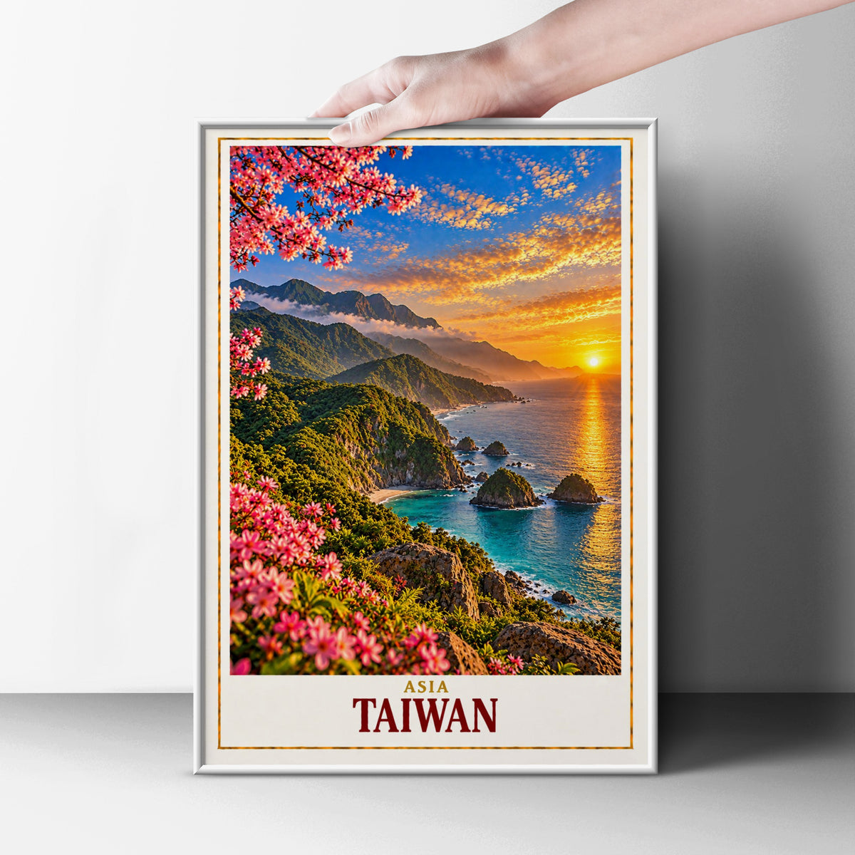 Taiwan Travel Poster, Asia Coastal Sunset Wall Art, Cherry Blossom Mountain Landscape Print, Turquoise Sea Cliffs Home Decor Gift