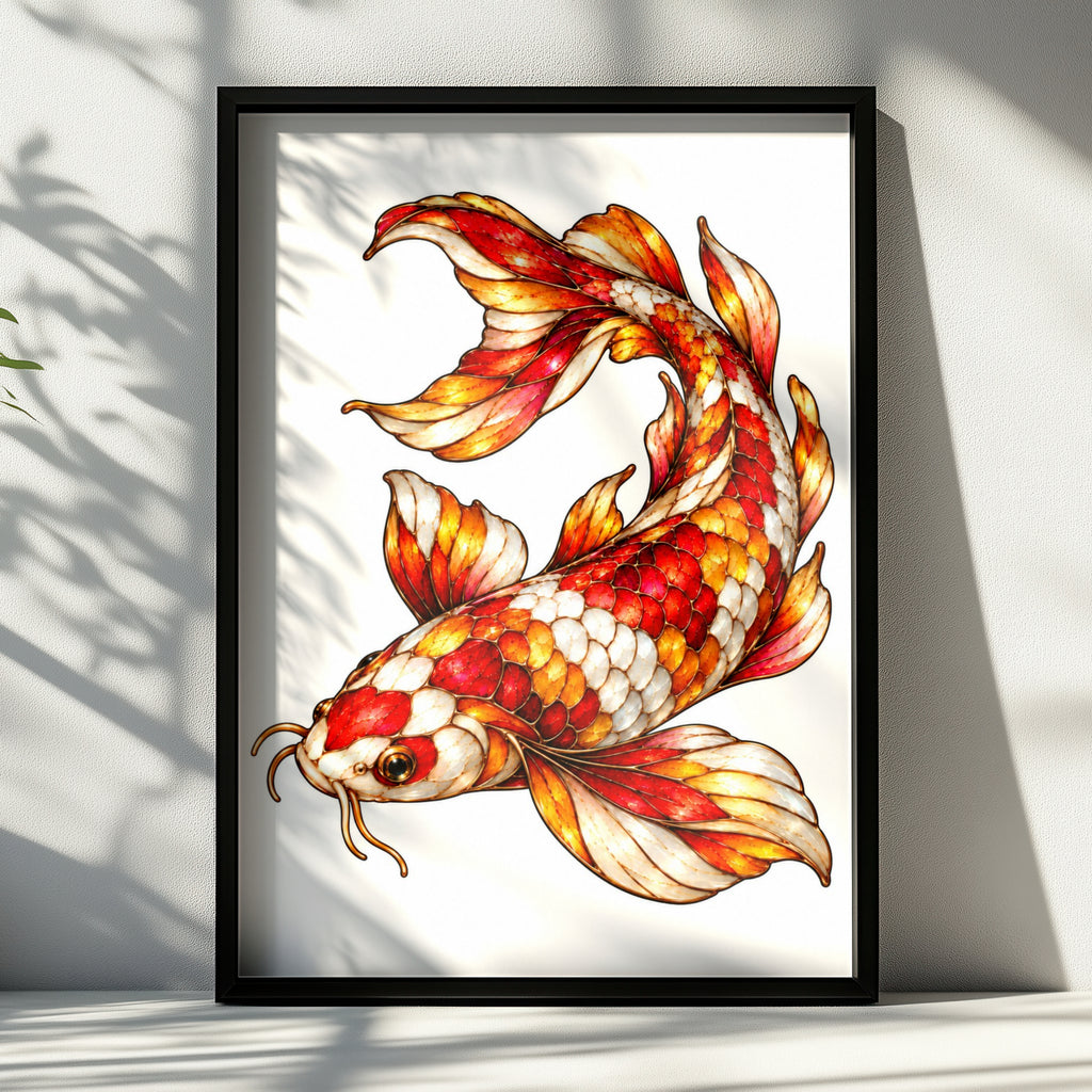 Koi Fish Poster, Red Gold Japanese Carp Wall Art, Ornate Koi Print, Asian Luck Symbol, Feng Shui Decor, Maximalist Living Room Poster