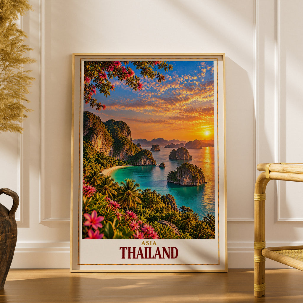 Thailand Travel Poster, Tropical Island Sunset Wall Art, Asia Beach Print, Turquoise Sea Limestone Karst, Palm Tree Holiday Home Decor