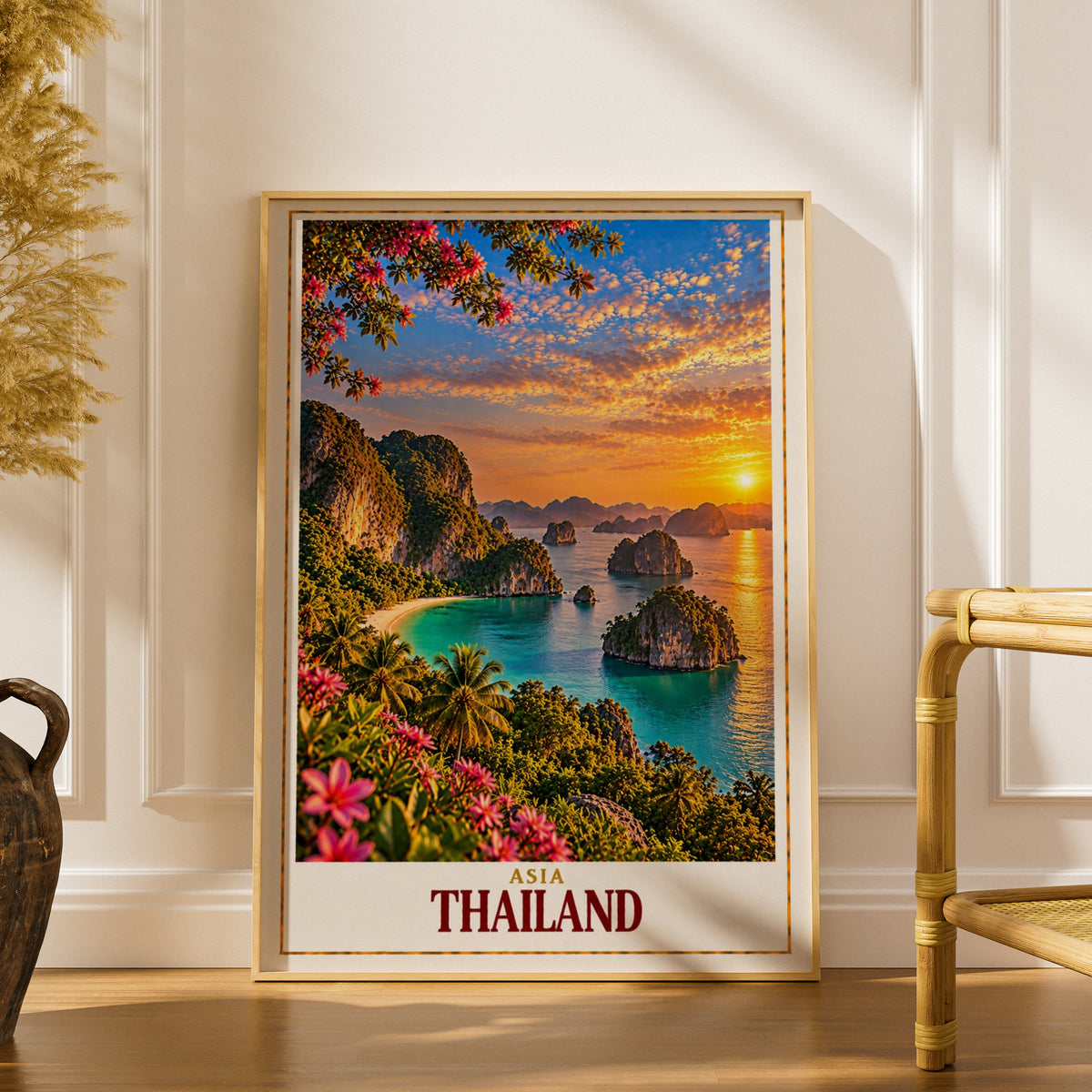 Thailand Travel Poster, Tropical Island Sunset Wall Art, Asia Beach Print, Turquoise Sea Limestone Karst, Palm Tree Holiday Home Decor