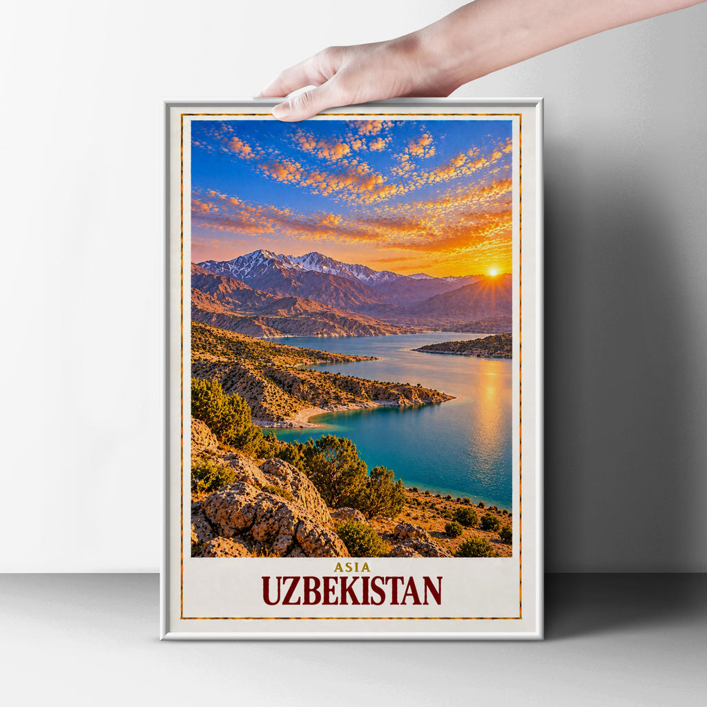 Uzbekistan Travel Poster, Central Asia Mountain Lake Sunset Wall Art, Silk Road Landscape Print, Adventure Home Decor Gift for Travellers