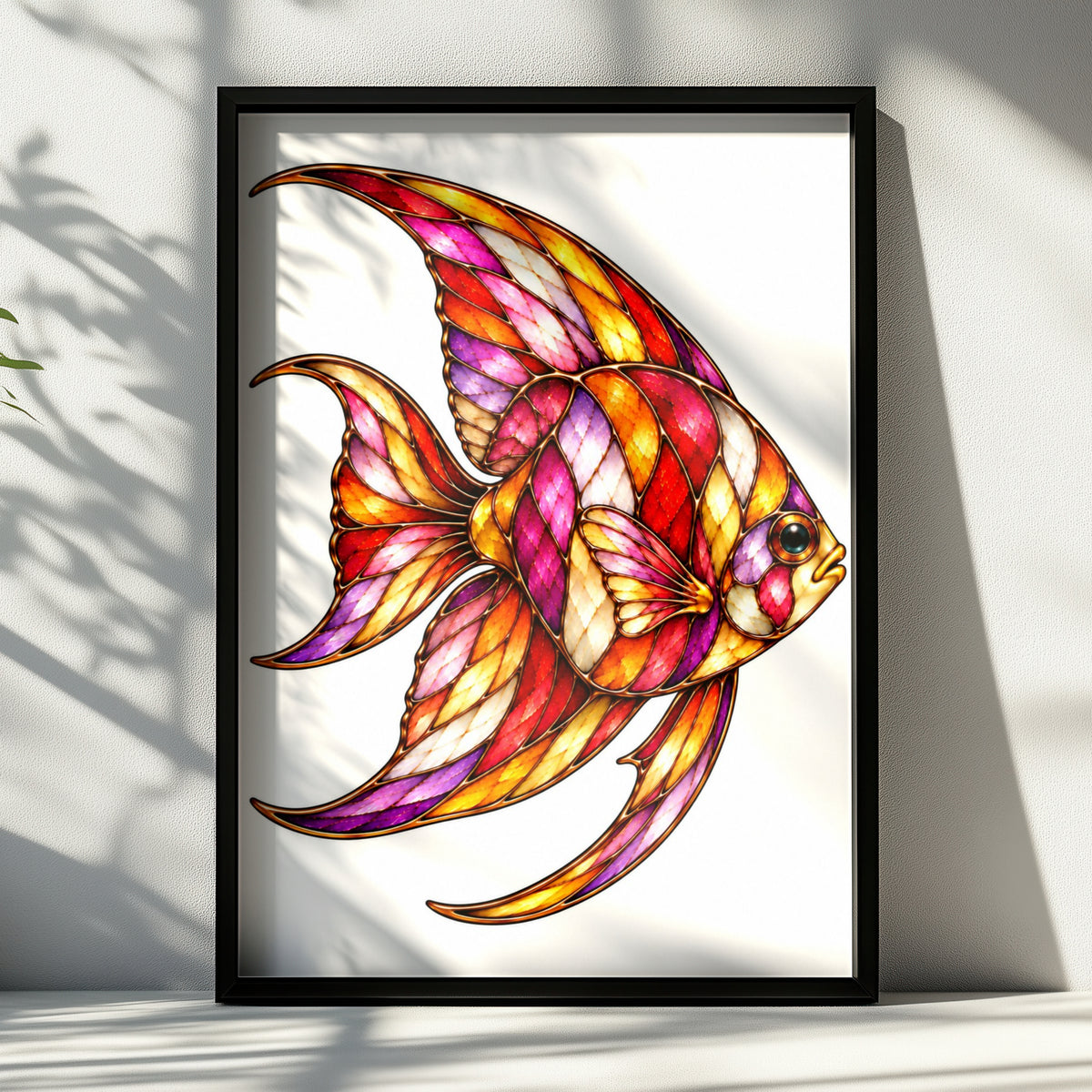Stained Glass Angelfish Poster, Colourful Fish Wall Art, Vibrant Ocean Art Print, Tropical Fish Decor, Red Gold Purple Bathroom Bedroom