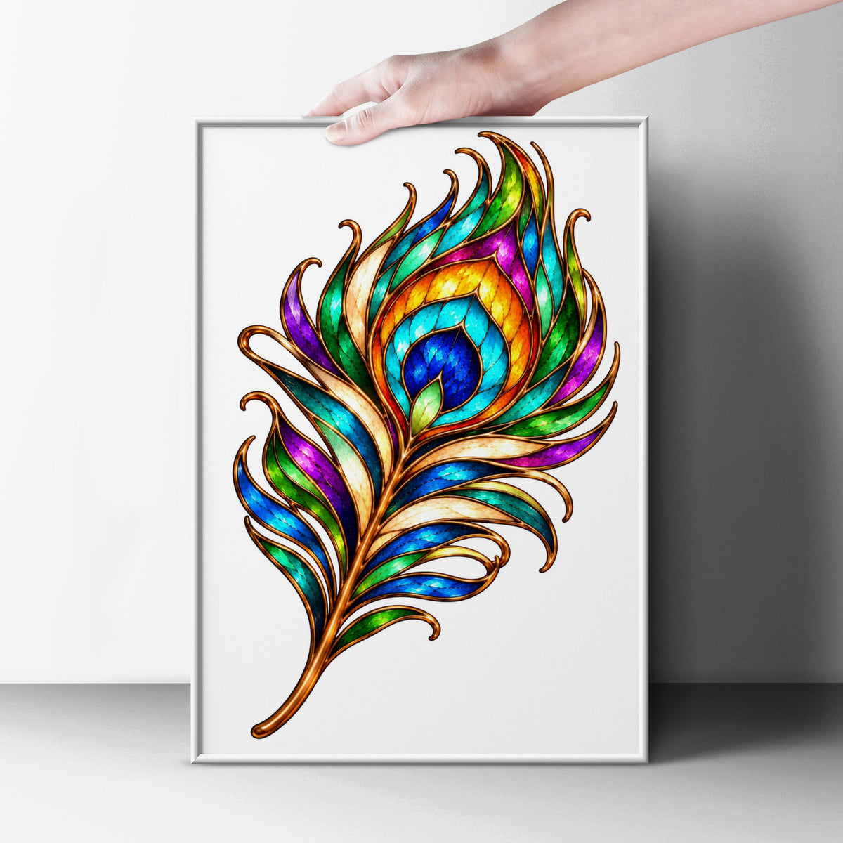 Peacock Feather Poster, Stained Glass Style Wall Art, Colourful Boho Print, Jewel Tone Home Decor, Gold Art Nouveau Feather Print