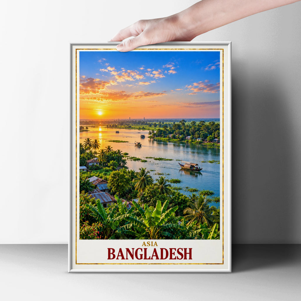 Bangladesh Travel Poster, River Sunset Wall Art, South Asia Tropical Landscape Print, Bengali Home Decor, Boat Scene, Golden Sky
