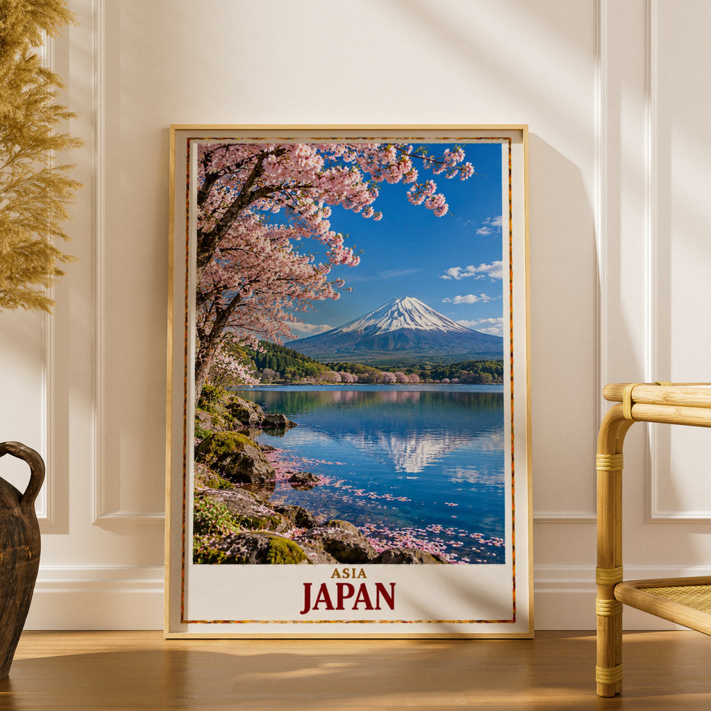 Japan Travel Poster, Mount Fuji Cherry Blossom Print, Japanese Wall Art, Sakura Lake Reflection, Asia Landscape Poster, Living Room Decor