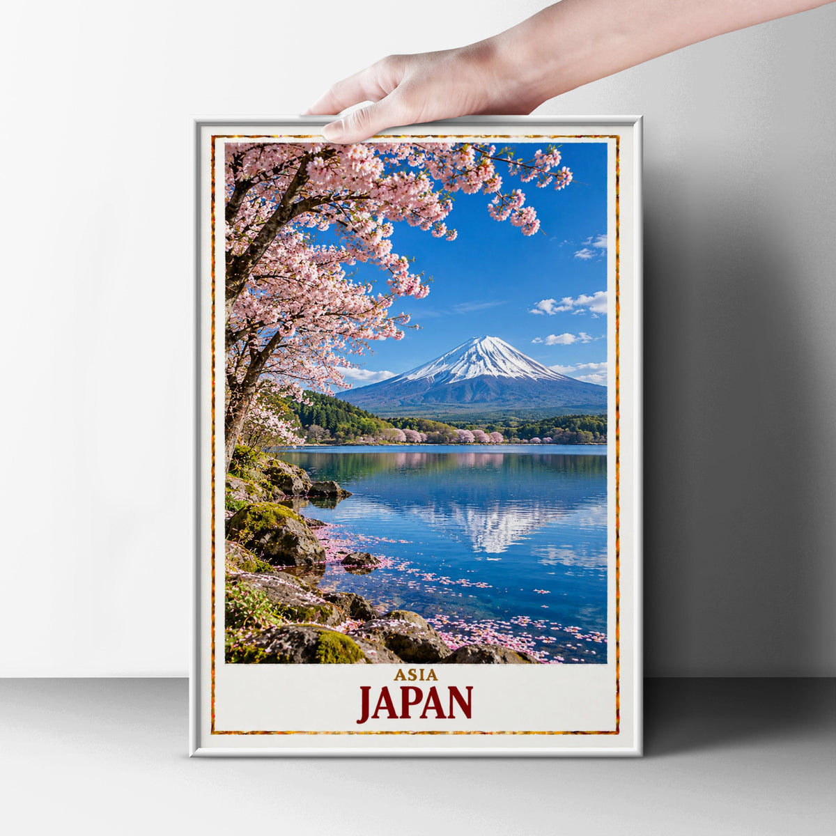Japan Travel Poster, Mount Fuji Cherry Blossom Print, Japanese Wall Art, Sakura Lake Reflection, Asia Landscape Poster, Living Room Decor
