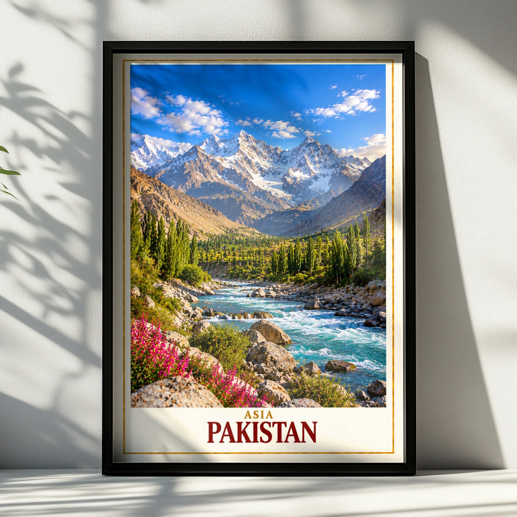 Pakistan Travel Poster, Karakoram Mountain Valley Wall Art, Turquoise River Landscape Print, Asian Adventure Home Decor Gift