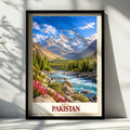 Pakistan Travel Poster, Karakoram Mountain Valley Wall Art, Turquoise River Landscape Print, Asian Adventure Home Decor Gift