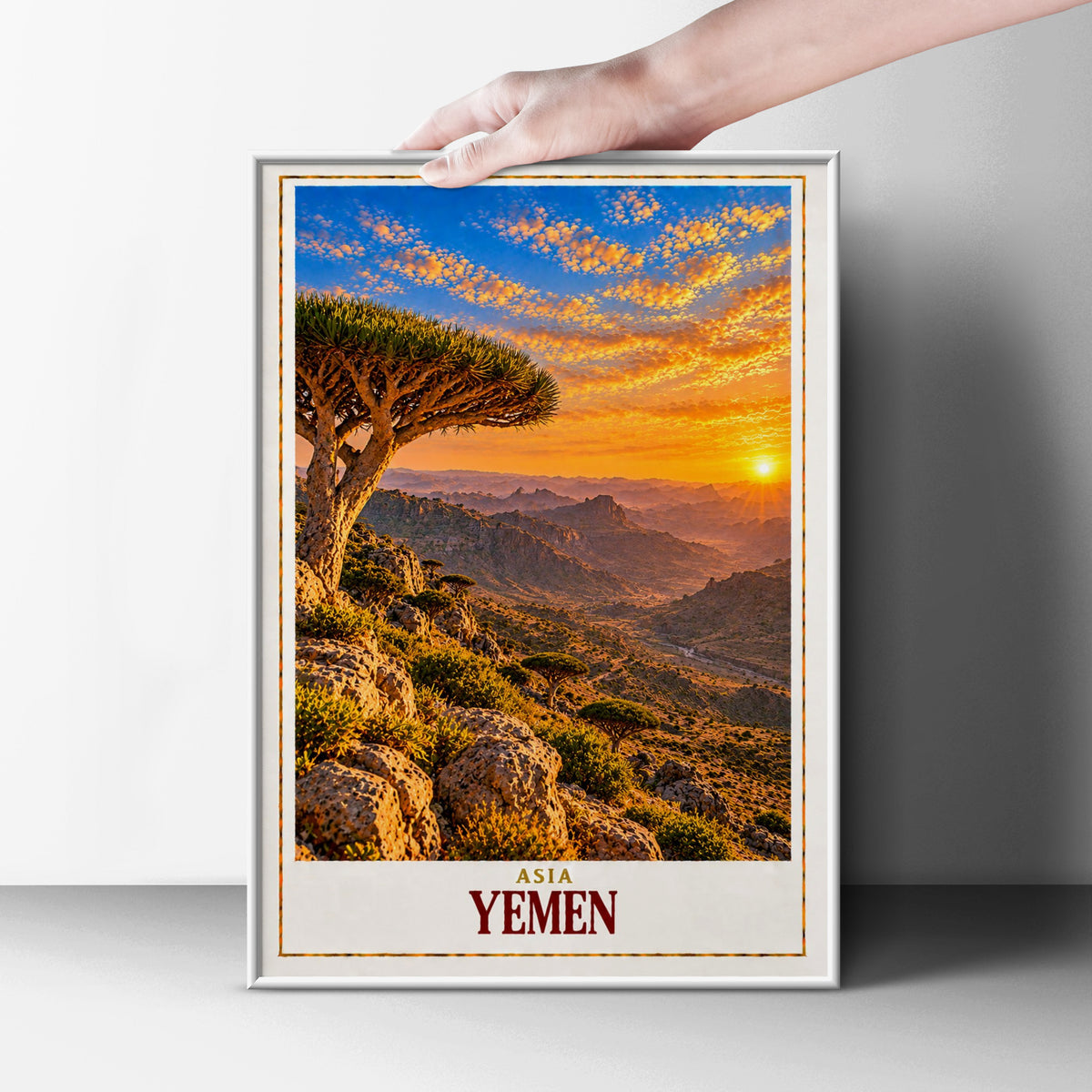 Yemen Travel Poster, Socotra Dragon Blood Tree Sunset Print, Middle East Wall Art, Arabian Landscape, Exotic Nature Decor, Asia Map Gift