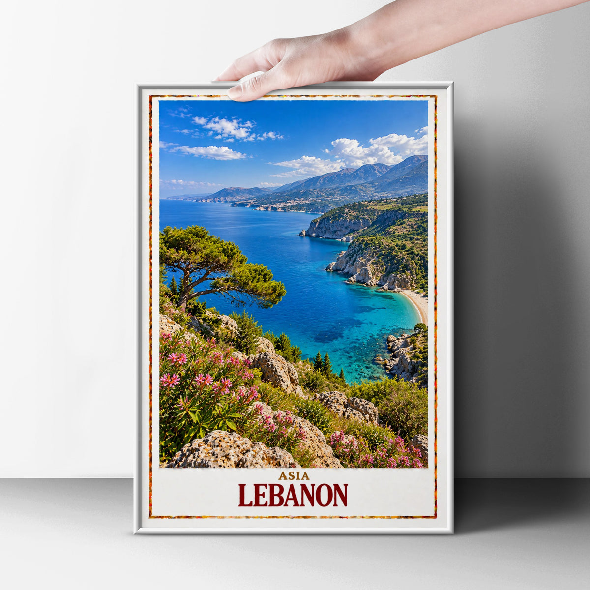 Lebanon Travel Poster, Mediterranean Coast Wall Art, Middle East Print, Turquoise Sea Coastal Landscape, Living Room Decor Gift
