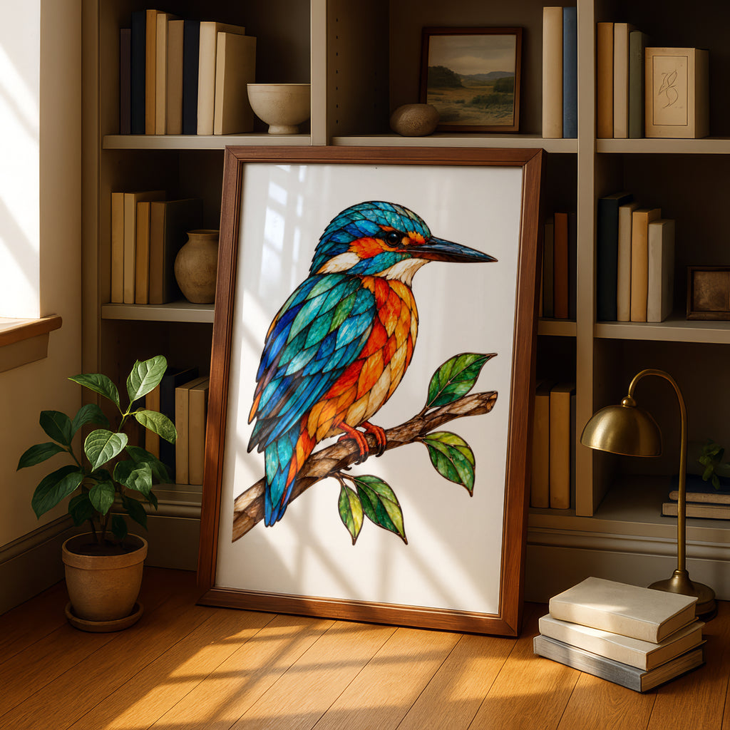 Stained Glass Kingfisher Poster, Colourful Bird Wall Art, Teal Orange Nature Print, Wildlife Decor, Bird Lover Gift, Botanical Branch Art
