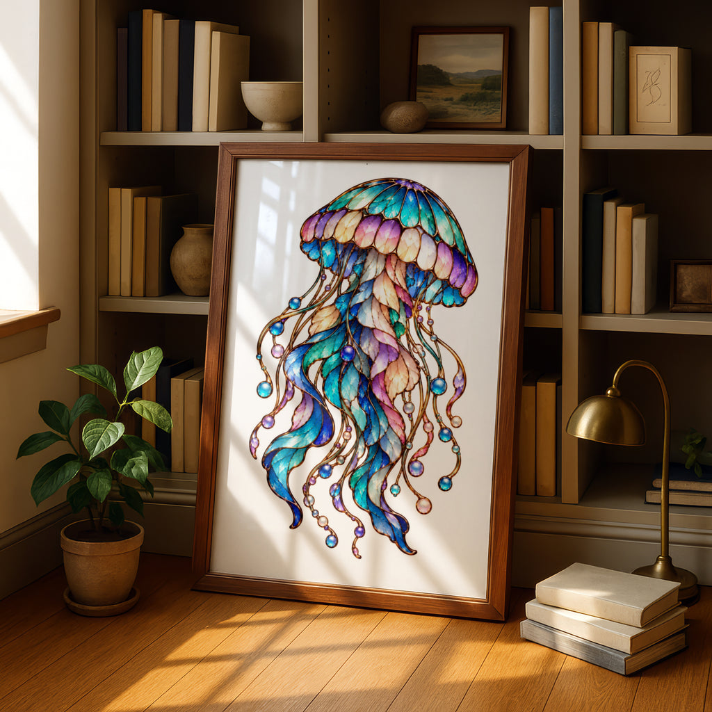 Stained Glass Jellyfish Poster, Colourful Ocean Art Print, Teal Blue Purple Fantasy Sea Wall Art, Coastal Bedroom Decor, Jewelled Marine