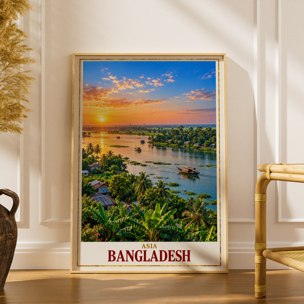 Bangladesh Travel Poster, River Sunset Wall Art, South Asia Tropical Landscape Print, Bengali Home Decor, Boat Scene, Golden Sky