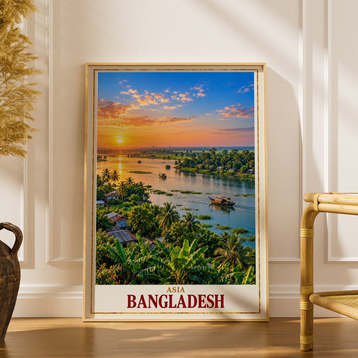 Bangladesh Travel Poster, River Sunset Wall Art, South Asia Tropical Landscape Print, Bengali Home Decor, Boat Scene, Golden Sky