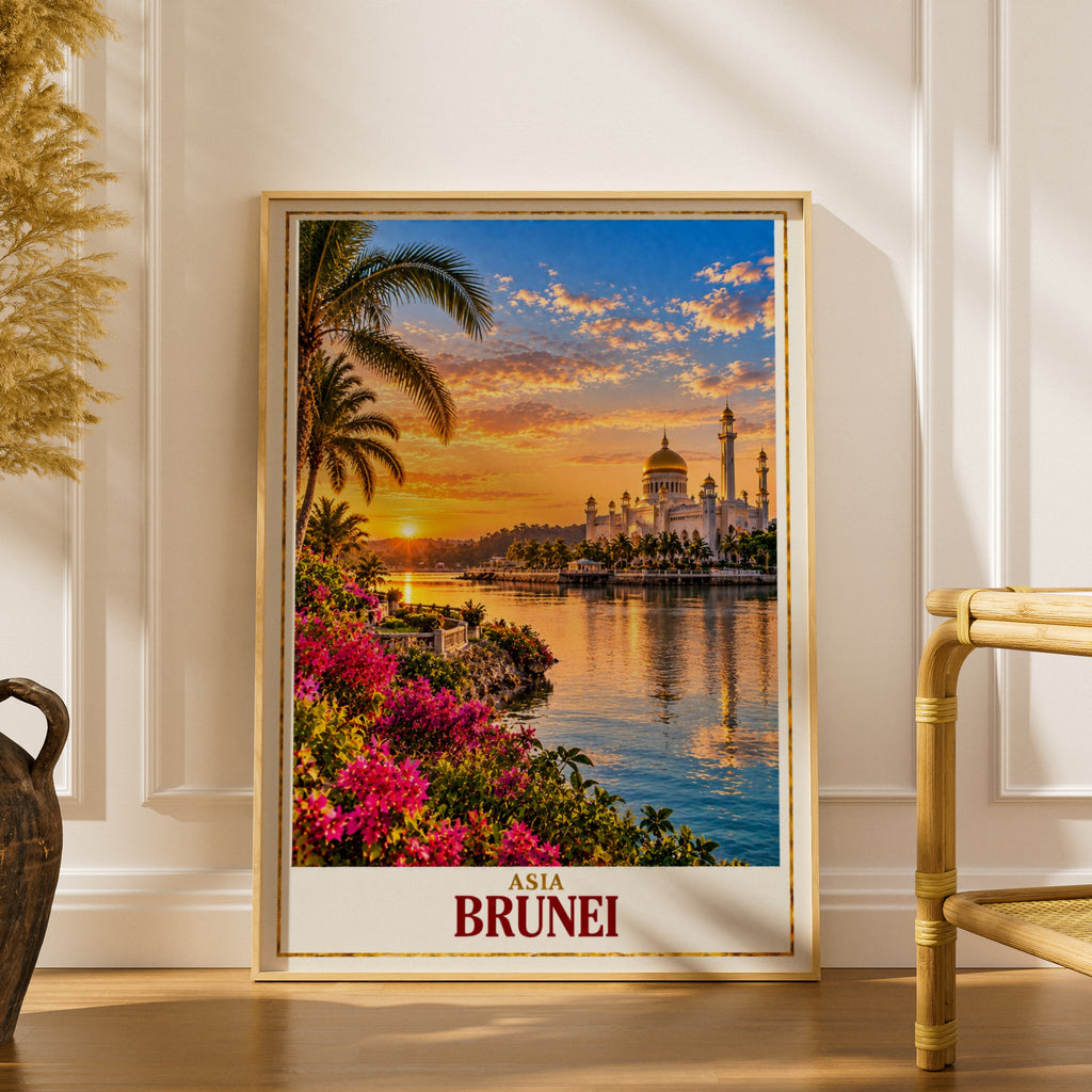 Brunei Travel Poster, Omar Ali Saifuddien Mosque Wall Art, Southeast Asia Sunset Print, Bandar Seri Begawan Decor, Golden Dome Mosque Poster